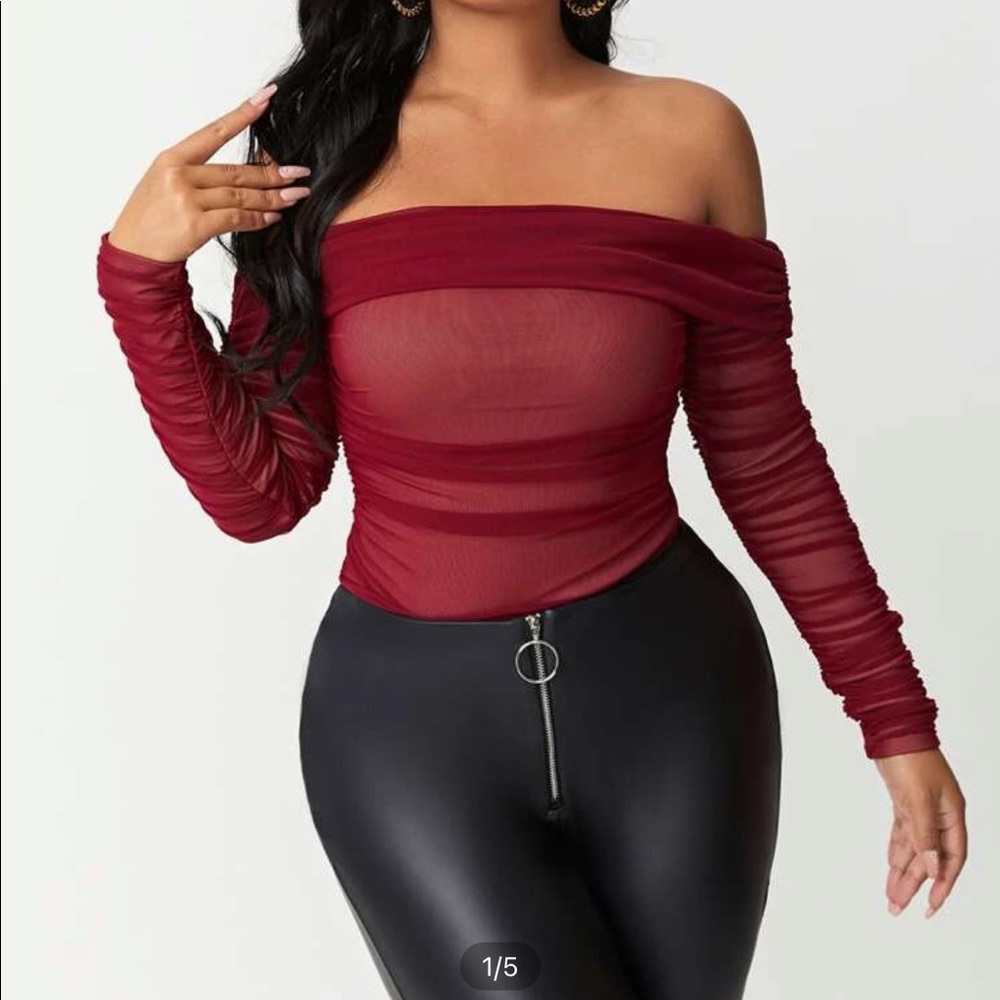 New! Shein mesh burgundy off the shoulder top with nude lining.